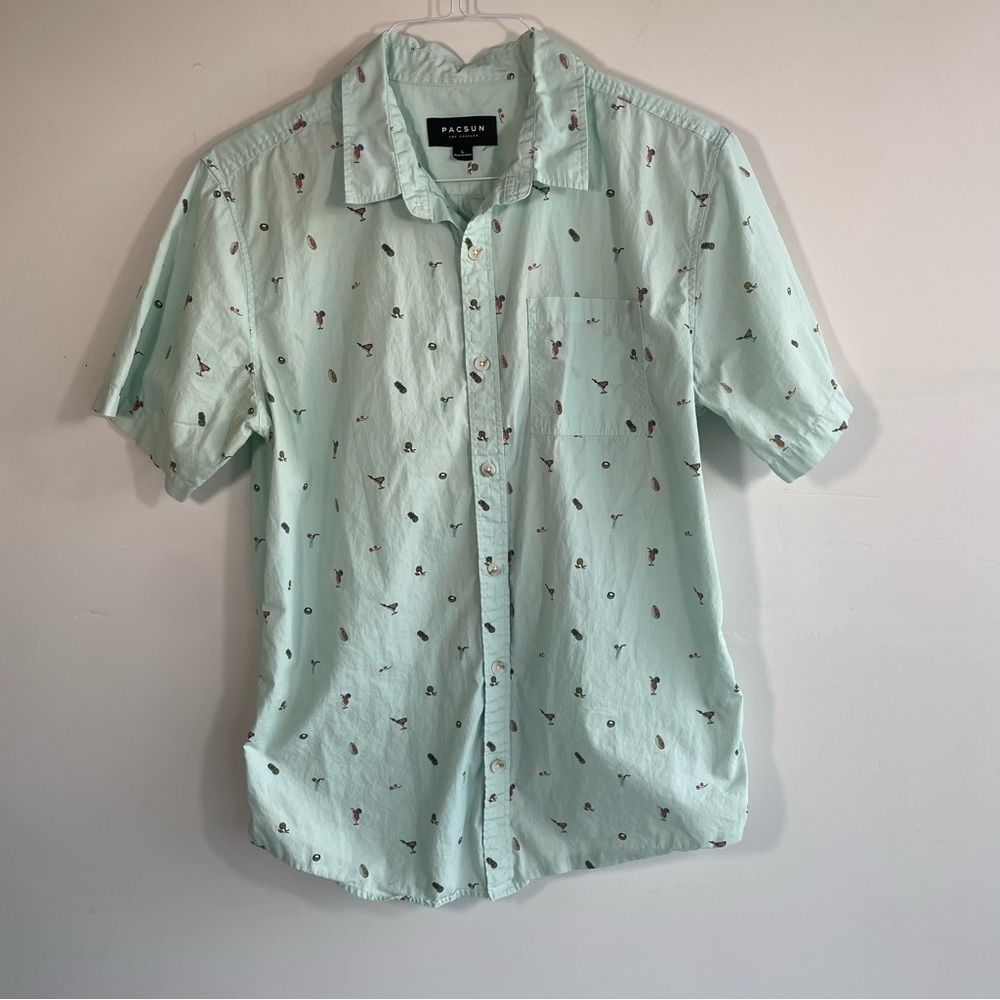 PACSUN Button Down Men’s Tropical Summer Print Mint Green Short Sleeve Large